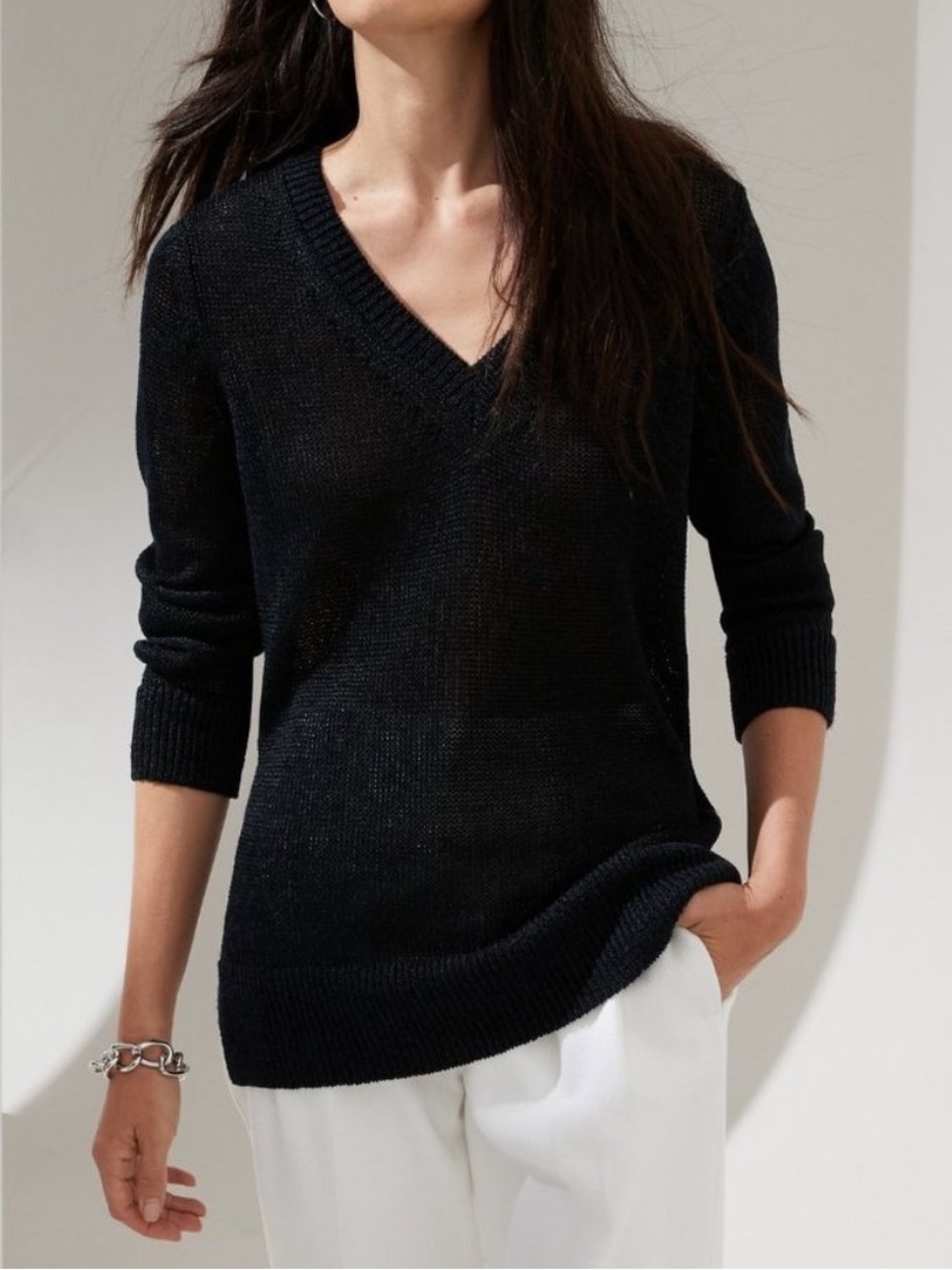 Banana Republic V Neck Pullover Knit Sweater Linen Blend Dark Navy Sz Large NWT